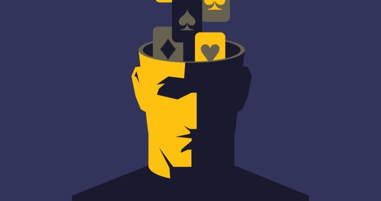 Clip Art of Male Face in Yellow and Black with Playing Cards Inside Head