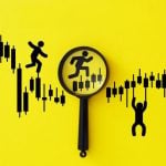 Human Figures Running On Prediction Market Candlestick Graph on Yellow Background