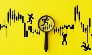 Human Figures Running On Prediction Market Candlestick Graph on Yellow Background