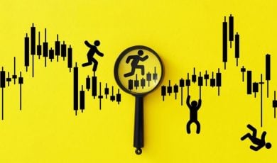 Human Figures Running On Prediction Market Candlestick Graph on Yellow Background