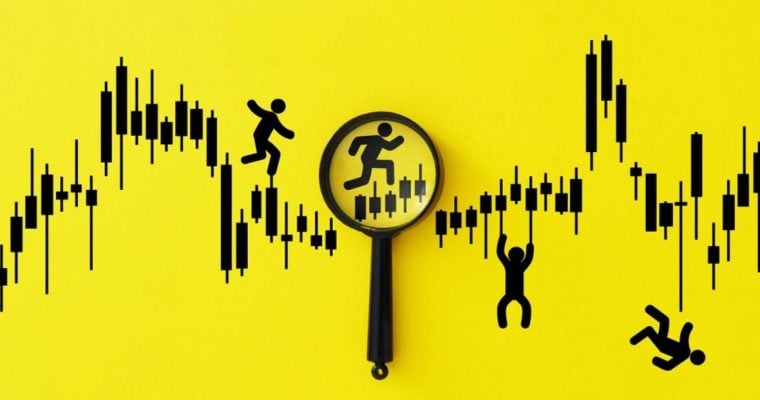 Human Figures Running On Prediction Market Candlestick Graph on Yellow Background