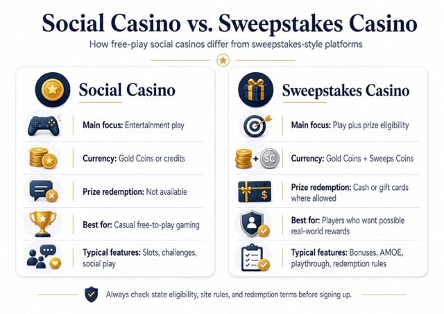 Infographic comparing social casinos and sweepstakes casinos, including currency, prize redemptions, and key player differences.