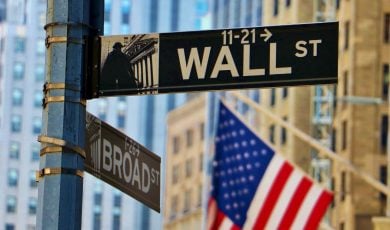 NYC Buildings and American Flag Hangs in the Background of Wall Street Sign
