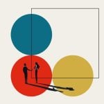 Square and Three Colored Circles With Two People Shaking Hands in Business Acquisition Concept