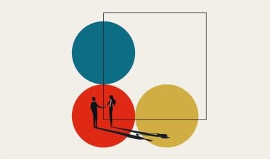 Square and Three Colored Circles With Two People Shaking Hands in Business Acquisition Concept