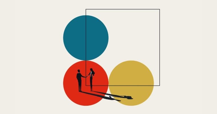 Square and Three Colored Circles With Two People Shaking Hands in Business Acquisition Concept