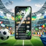 Cell Phone Displays Social Feed For Soccer Betting and Stadium Filled with World Cup 2026 Fans