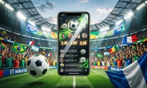 Cell Phone Displays Social Feed For Soccer Betting and Stadium Filled with World Cup 2026 Fans