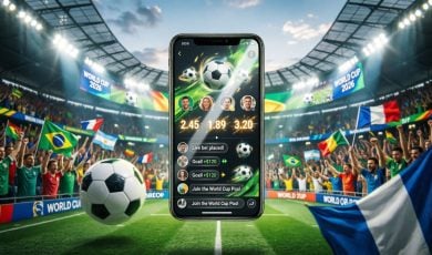Cell Phone Displays Social Feed For Soccer Betting and Stadium Filled with World Cup 2026 Fans