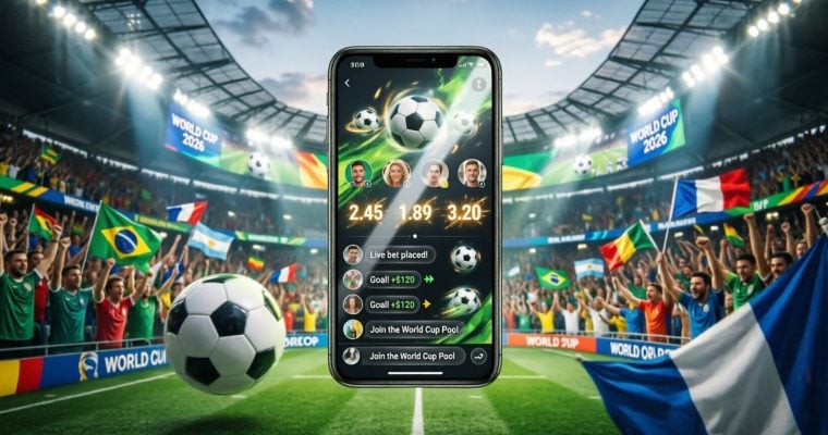Cell Phone Displays Social Feed For Soccer Betting and Stadium Filled with World Cup 2026 Fans