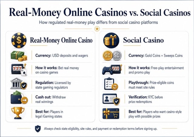 Infographic comparing real-money online casinos and social casinos, including currency, regulation, withdrawals, playthrough, and prize redemptions.