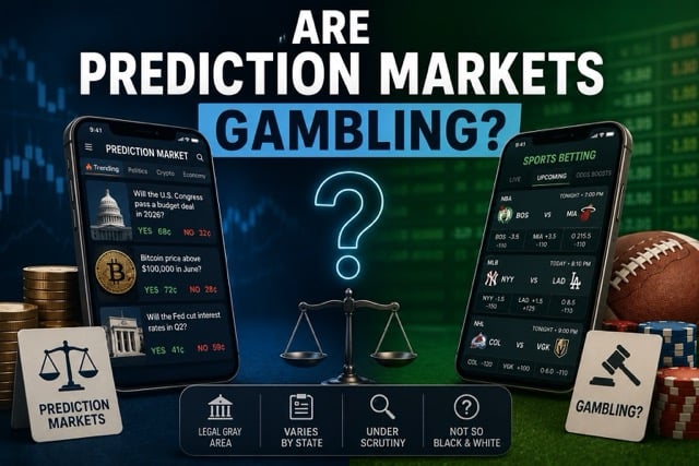 Graphic asking whether prediction markets are gambling with prediction market and sportsbook app screens.