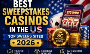 Best Sweepstakes Casinos in the US 2026 featured image with slot machine, Sweeps Coins, and American flag.