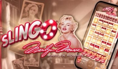 Image of Marilyn Monroe Next to Cell Phone with Slingo Online Casino Game