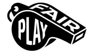 Black Sports Whistle Says Fair Play in White Font on Isolated Background
