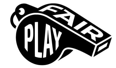 Black Sports Whistle Says Fair Play in White Font on Isolated Background