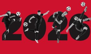 Soccer Players in Action Pictured Over Large 2026 in Black Font Over Red Background