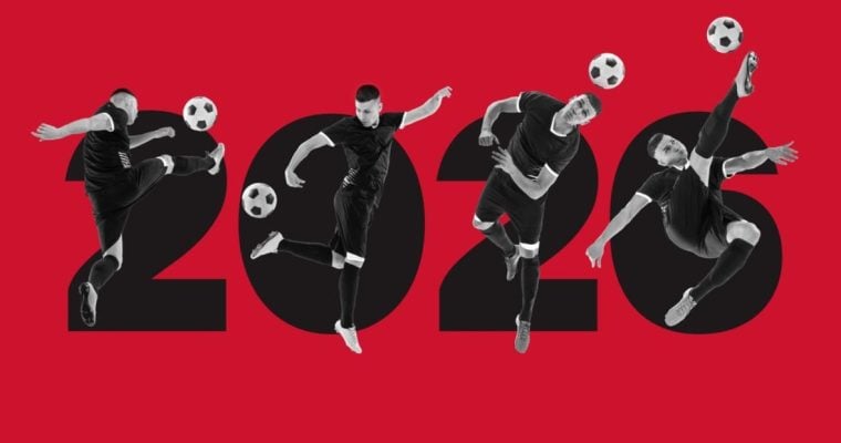 Soccer Players in Action Pictured Over Large 2026 in Black Font Over Red Background