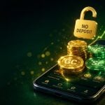 Gold casino chips and open padlock icon rising from a phone screen representing no deposit bonus casinos for real money