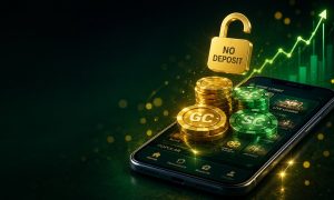 Gold casino chips and open padlock icon rising from a phone screen representing no deposit bonus casinos for real money