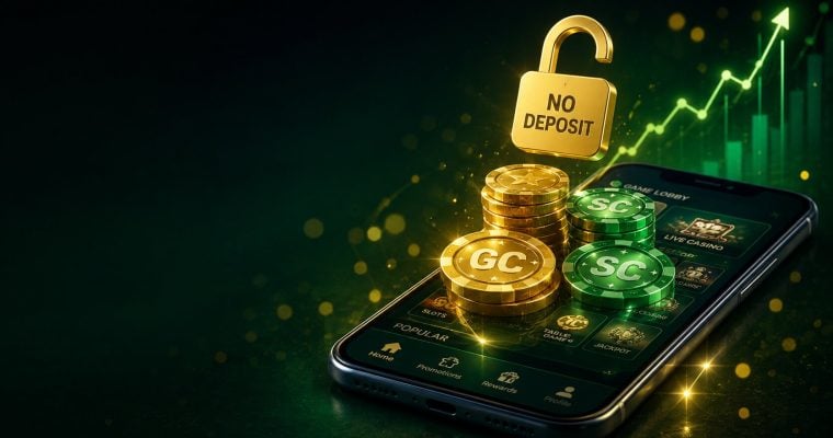 Gold casino chips and open padlock icon rising from a phone screen representing no deposit bonus casinos for real money