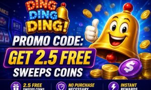 Ding Ding Ding promo code graphic with a smiling bell mascot and offer for 2.5 free Sweeps Coins.