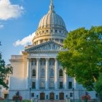 Sunny Day with Blue Skies Exterior Front of White Capitol Building in Madison, Wisconsin
