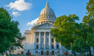 Sunny Day with Blue Skies Exterior Front of White Capitol Building in Madison, Wisconsin