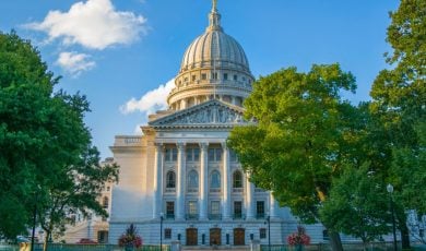 Sunny Day with Blue Skies Exterior Front of White Capitol Building in Madison, Wisconsin