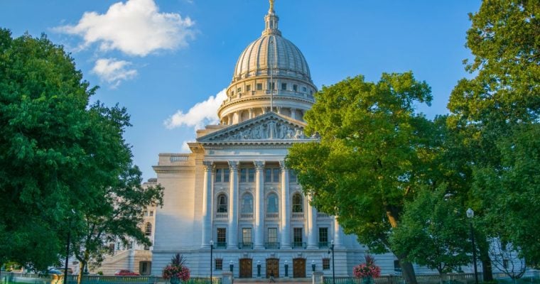 Sunny Day with Blue Skies Exterior Front of White Capitol Building in Madison, Wisconsin