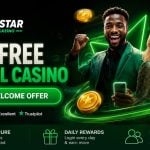 Golden sheriff star badge with gold and sweeps coins on a desert dusk background for LoneStar Casino existing player bonuses