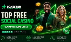 Golden sheriff star badge with gold and sweeps coins on a desert dusk background for LoneStar Casino existing player bonuses