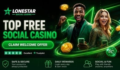 Golden sheriff star badge with gold and sweeps coins on a desert dusk background for LoneStar Casino existing player bonuses
