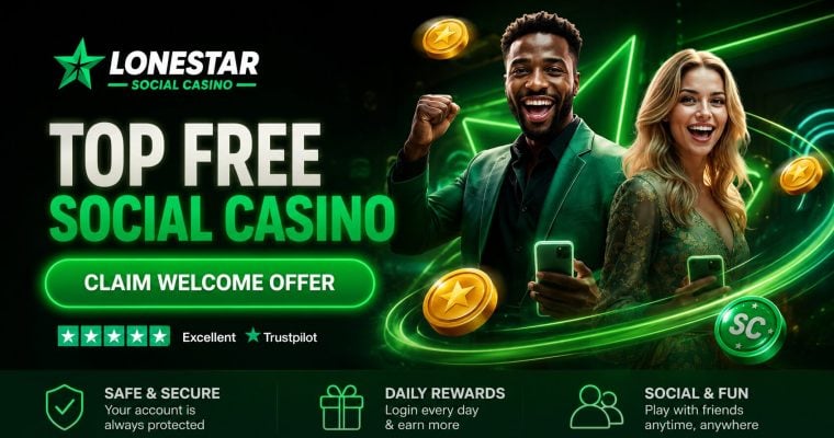 Golden sheriff star badge with gold and sweeps coins on a desert dusk background for LoneStar Casino existing player bonuses
