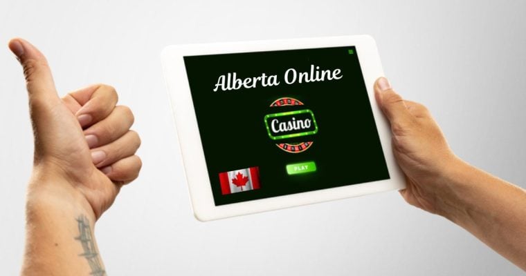 Tablet with Alberta Online Casino and Man Giving Thumbs Up with the Other Hand