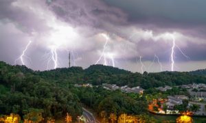Huge Thunderstorm with Many Lightning Strikes Hit Green Hills Above Town Tucked Inside