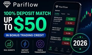 Pariflow 2026 featured image promoting a 100% deposit match up to $50 in bonus trading credit.