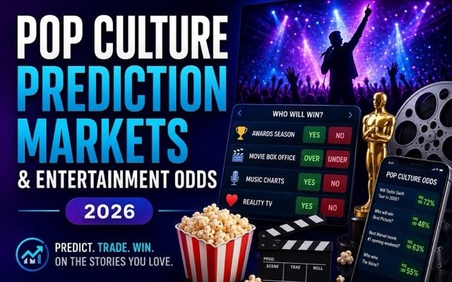 Pop culture prediction markets graphic featuring entertainment odds and 2026 branding.
