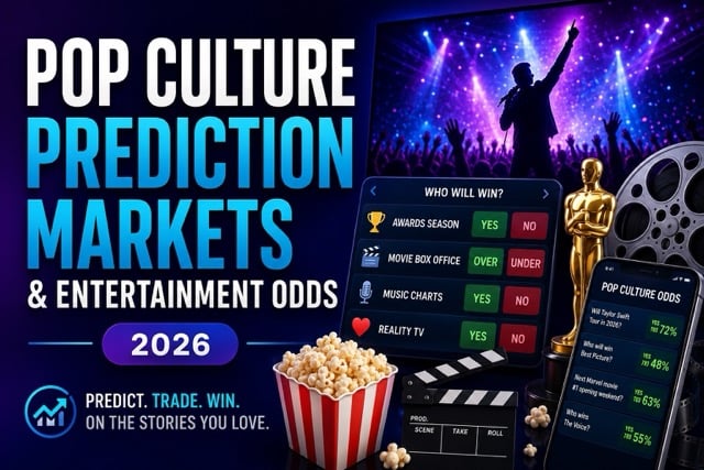 Pop culture prediction markets graphic featuring entertainment odds and 2026 branding.