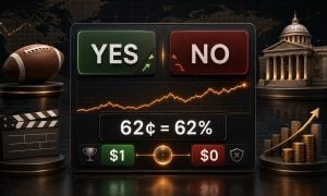 Prediction market dashboard showing Yes and No contracts with 62% implied probability