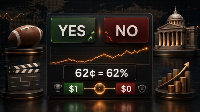 Prediction market dashboard showing Yes and No contracts with 62% implied probability