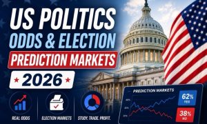 US Politics Odds & Election Prediction Markets 2026 featured graphic with the U.S. Capitol and market charts.