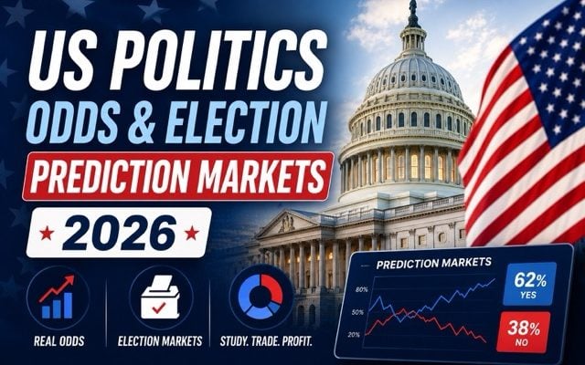 US Politics Odds & Election Prediction Markets 2026 featured graphic with the U.S. Capitol and market charts.