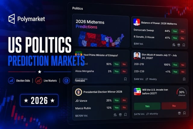 US politics prediction markets graphic featuring election odds and live forecasting markets for 2026.