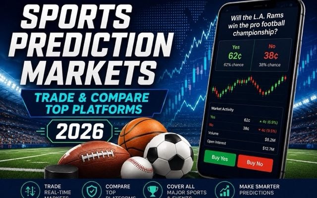 Sports prediction markets 2026 graphic with mobile trading app and major sports equipment.