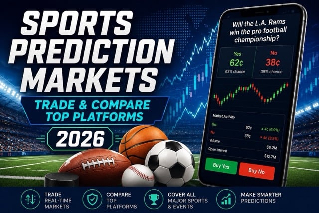 Sports prediction markets 2026 graphic with mobile trading app and major sports equipment.