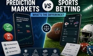 Prediction markets vs. sports betting comparison graphic with market trading and sportsbook visuals.