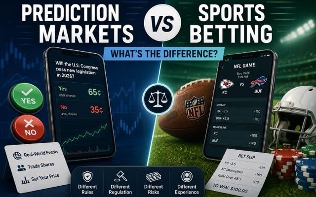 Prediction markets vs. sports betting comparison graphic with market trading and sportsbook visuals.