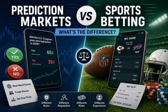Prediction markets vs. sports betting comparison graphic with market trading and sportsbook visuals.