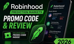 Robinhood Prediction Markets promo code and review featured image with mobile trading app and 2026 badge.